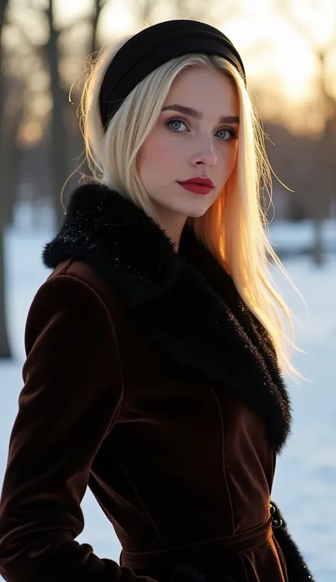 Femme européaine avec des yeux de biche avec de long ciles maquillage des année 80 aux yeux bleu avec des lèvre pulpeuse avec du rouge à lèvre, les cheuveux long lisse  et blond, elle a un des gros sins , des hanches large son culs parfait, une silhouette ...