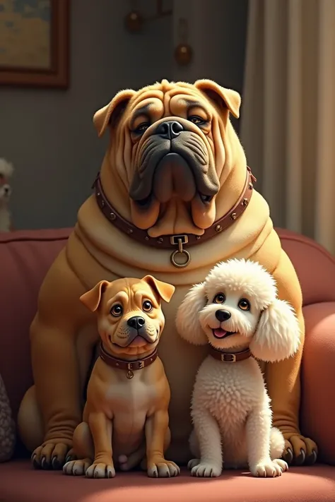 Granny Sharpei with her fat adult bulldog son and her grandson Poodle