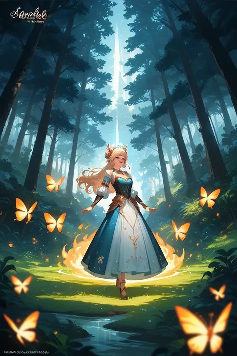 1girls, ,,Simper smile, high-definition image ,  woman ,  her hair is decorated with glowing fireflies, eyes twinkle with charm. Dressed in a ,  woven from moonlight ,,  she stands in a mystical forest ,  dress where trees come to life . Scene,  bathed in ...