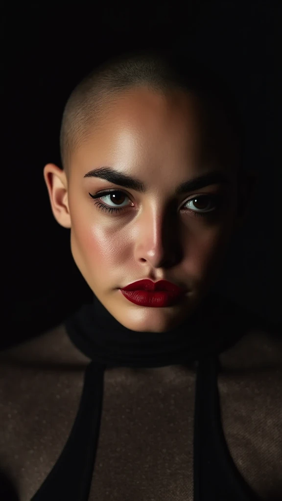 cinematic portrait, a ((completely bald smooth head woman)) with a (((hairless smooth head))), (((no hair at all on her head))). detailed, hyper realistic, photorealistic, sharp focus, 8k, hyperdetailed eyes, extremely detailed skin, striking facial featur...