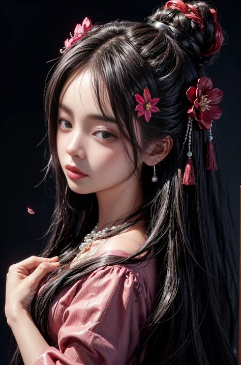 「On a black background、 illustration of a woman with long hair holding a small black cat。 Pink flowers are scattered in the background 、Womens hair is decorated with flowers 。 pearls and red jewels are included as decorations 。」