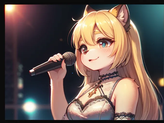 singer female raccoon dog , Droopy eyes , blond hair , (Heavy makeup) , glamorous body , lacy elegant dress , on the Opera House stage , vintage stand microphone , little smile , Singing passionately, The ultimate idol that catches everyones eye , (f1.4 50...