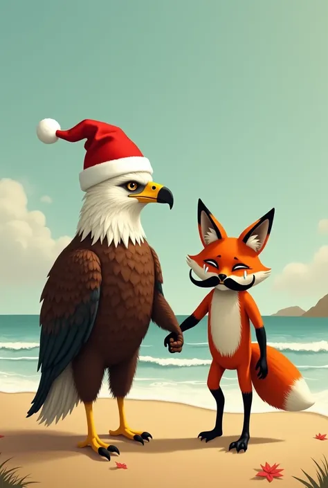 Eagle wearing a Santa Claus hat walking along the beach hand in hand with a red fox with a black mustache and tears of sadness 