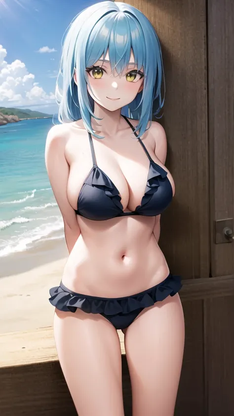 masterpiece, best quality, highres, rimuru tempest, blue hair, long hair, large breasts, frilled bikini, beach, standing, cowboy shot, arms behind back, smile,