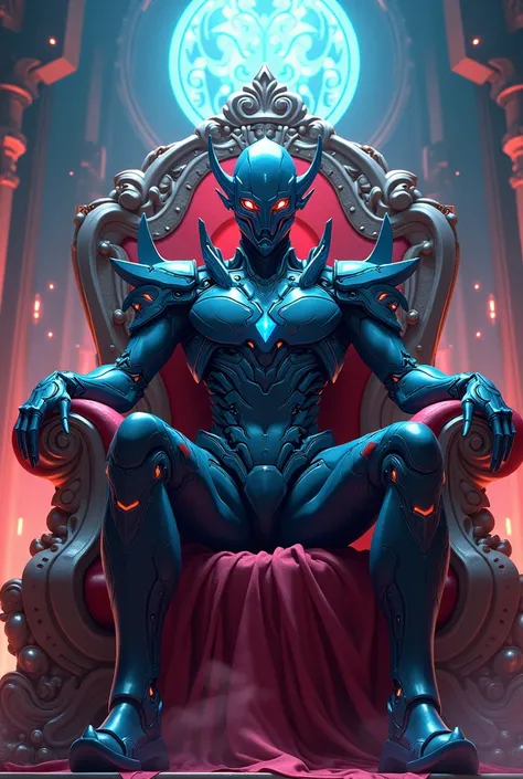 An anime character multi dimensional overlord in futuristic armor sitting on a throne 