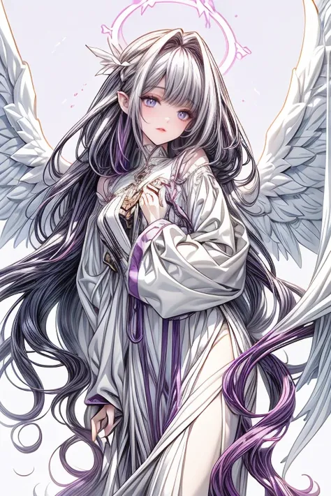  Extremely thin woman,  with Rapunzel style hair, bicolor purple and white hair,  garments in very wide clothes (oversize) of two , Angel wings, bleeding. heavenly background, abstract shapes