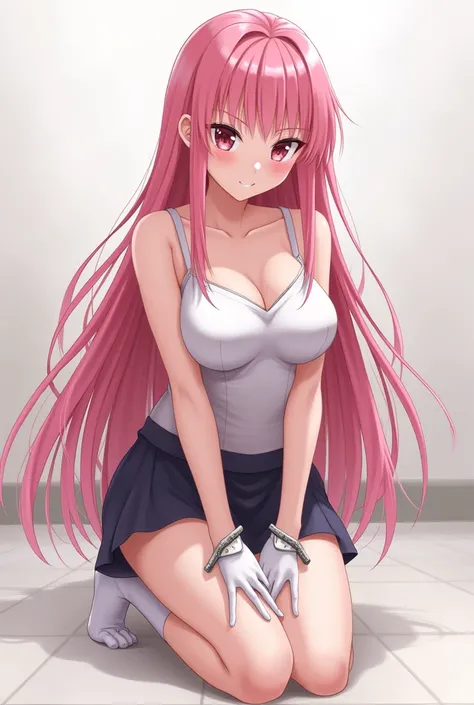 Short skirt，White Gloves，Pink long hair anime girl， Wear handcuffs on both hands， kneeling 