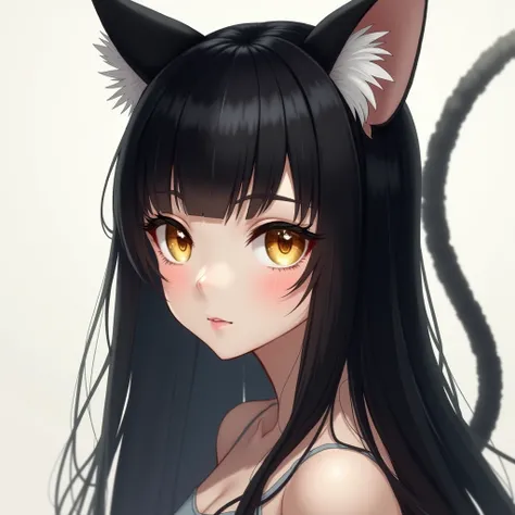 1girl, Long Hair, Black Hair, Solo, golden cat eyes, cat ears, cat tail, pale skin, High Resolution, Best Quality, Close-Up, 