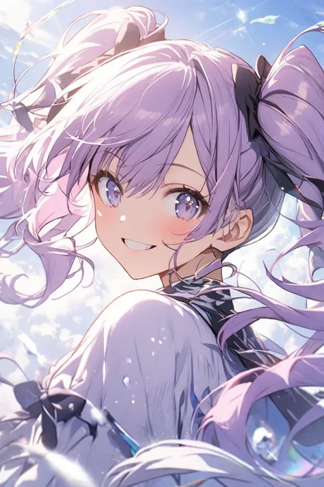  1 girl ,  twin tails, Purple Hair,  smiles, 