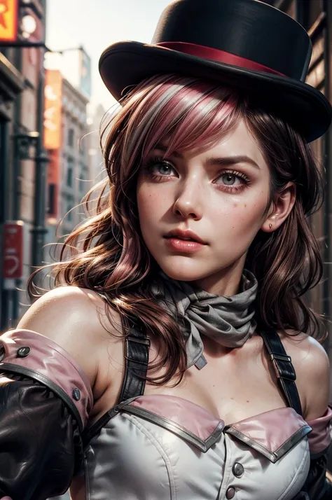 pink and brown hair, multicolored hair, neopolitanatlas, bowler hat, grey scarf, white gloves, white shirt, off-shoulder shirt, black sleeves, midriff, white belt, white pants, standing in Manhattan street , crowd, night, stars, cowboy shot, masterpiece, h...