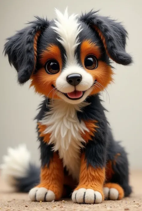 
"A realistic dog with its fur designed as a detailed embroidery made of wool. The wool should be intricately stitched in various shades of brown, black, and white to mimic the dogs natural fur pattern. The texture should have a rich, handcrafted, woolen a...