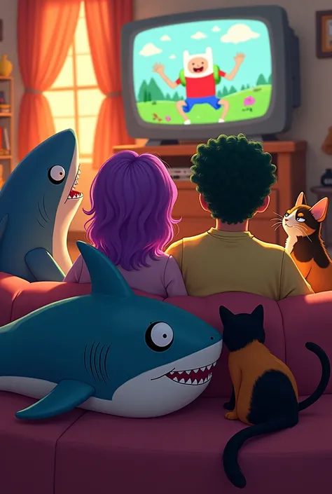 Couple lying on the couch and watch tv. There is cartoon the Adventure Time on the tv . Very cozy room. She has purple hair , he has dark green curly hair . There is huge shark pelush toy onto couch with them. Humans faces cannot seen . They have two cat. ...