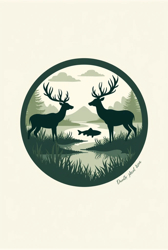 Un logo para un emprendimiento que se llama inacayal fishing and hunting .
 The venture sells hunting and fishing items
I want a circular logo that frames some landscape, a deer and a fish, and that says "inacayal fishing and hunting "
That this is in Span...