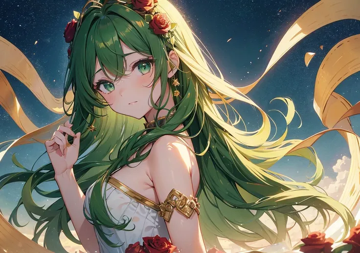 The girls face is drawn close up, and her hair is golden and soft and wavy. Her eyes are large and transparent emerald green, just like the uploaded image, and have a sparkling shine reminiscent of a shojo manga. A red rose is faintly reflected in the back...