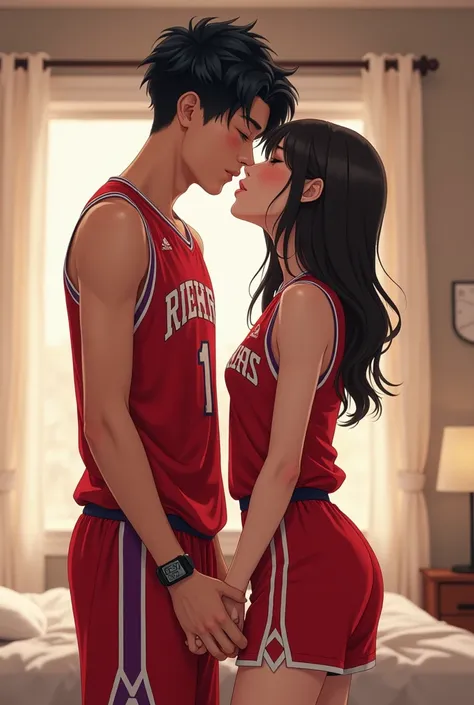  Full Body Image ,  oral sex , In the bedroom and on the bed, , , ชายหญิงTwo people, , a handsome young man at the age of 17, a figure athlete , By a man wearing glasses ,  Wear a red basketball sports shirt with a white stripe, with the hem outside the , ...