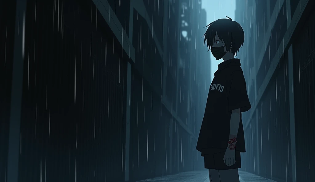 "Create an anime-style image that captures the emotional depth and contrasting themes of the song. The scene should feature a dark, rainy urban environment with deep shadows and muted colors. In the foreground, a character with visible red scars on their w...