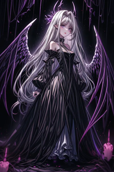  Extremely thin woman,  with Rapunzel style hair, bicolor purple and white hair,  garments in very wide clothes (oversize) of two , Angel wings, bleeding.  dark background , abstract shapes