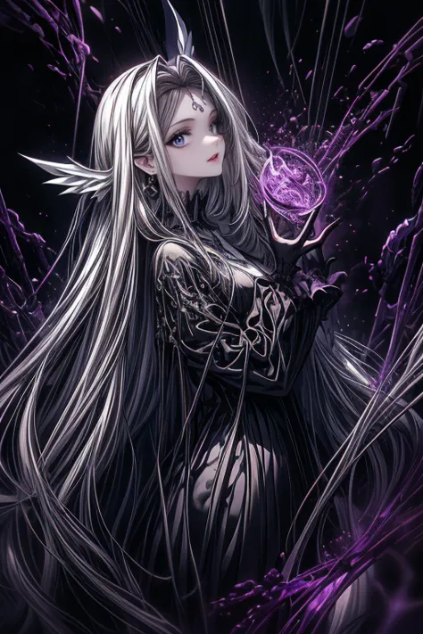  Extremely thin woman,  with Rapunzel style hair, bicolor purple and white hair,  garments in very wide clothes (oversize) of two , Angel wings, bleeding.  dark background , abstract shapes