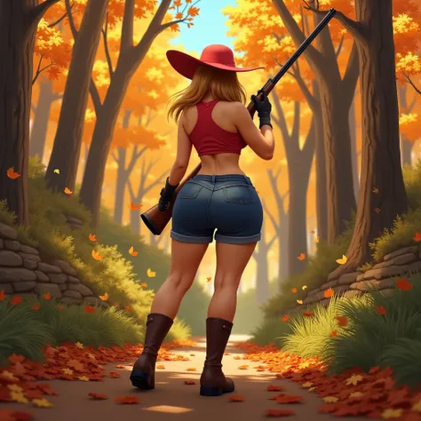 (Looney tunes) A cute woman (role of Elmer Fudd, sexy hunters outfit, amazing butt, thigh high sexy hunting boots, over sized shotgun, she is hyper realistic) is stalking through a autumn forest hunting turkey (cartoonish, prankster, large eyes, staying ju...