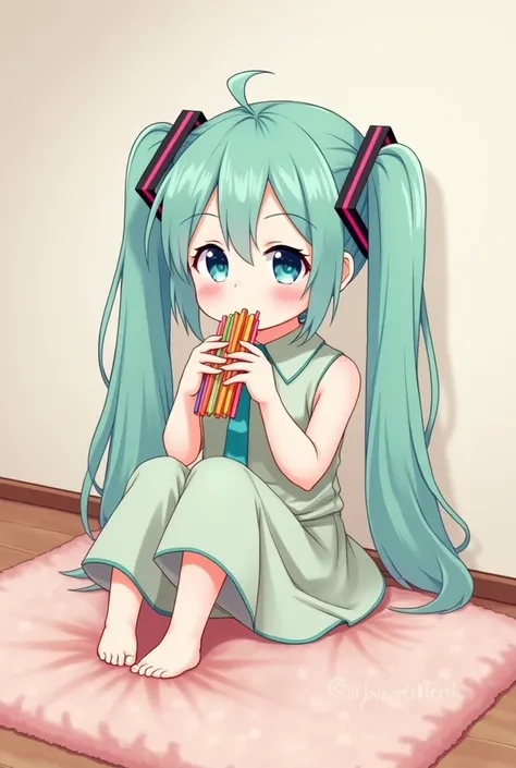 An anime Miku eating candy sticks sitting on the floor 