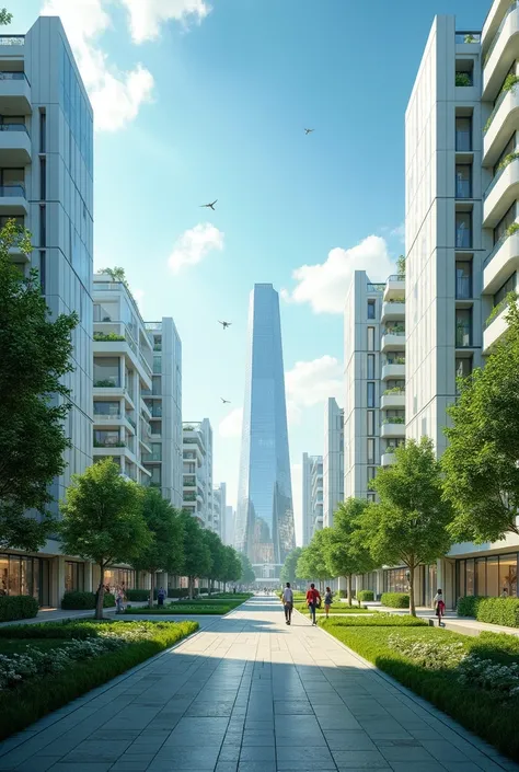  Make me A futuristic and ecological city designed with a focus on sustainability. The buildings are tall and modern , 

 The streets are free of traditional cars ,  replaced by bicycles .  Wide avenues lined with trees connect green areas ,  such as urban...