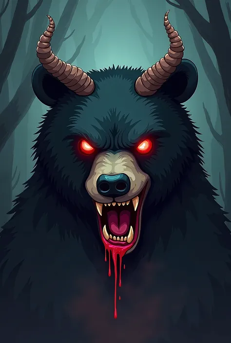 make a cartoon just the head of the evil black bear with three eyes with blood dripping from the mouth and contorted horns