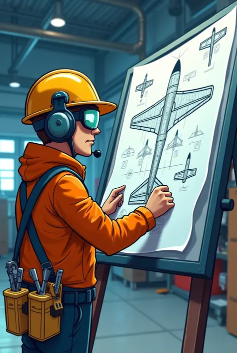 Generate an animation of an animated engineer located on the left side reading a plane