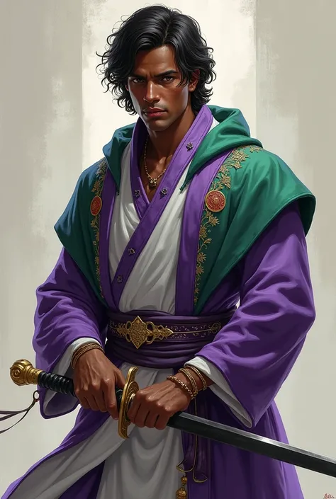  A man in his 23-year-old ,  with modest attire with purple and green details, has medium hair , dark skinned, carrying a sword