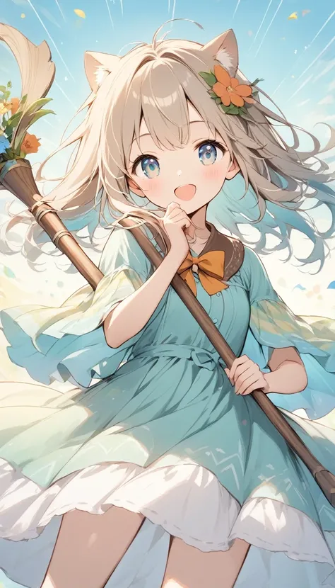    holding a wooden bow bright lines and soft colors create a dreamy effect., A fleeting impression.., one woman 、Girl with a wooden bow    、I have a wooden bow、cute、  Fantasy Villagers 、Background white、