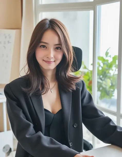 There is a mature 24-year-old woman (Nozomi Sasaki), her hair is shiny black (soft wavy medium hair), her body is well-proportioned, her breasts are beautifully shaped (C cup size with cleavage: 1.6), she is in an office with beautiful natural daylight lig...