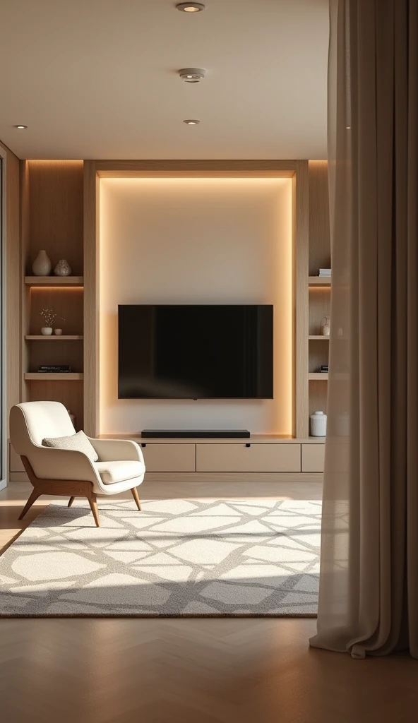 RAW, realistic, realism, realistic photography, architectural photography, environmental photography, natural light, living room, illuminated TV panel, simple, with drawers and shelves, indirect lighting 2700k, neutral colors, curtain, armchair facing the ...