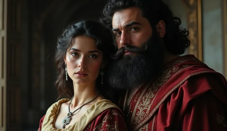 Armenian girl beautiful princess dark hair cheeks next to her bearded fat brutus prince knight black beard and curls dark fanstasy vhs 1980s screenshots vintage panavision