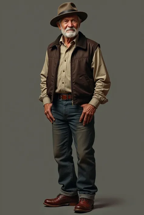 Old man with felt hat  , Long sleeve shirt ,  jean pants ,  sports vest and leather cherry shoes always well polished .