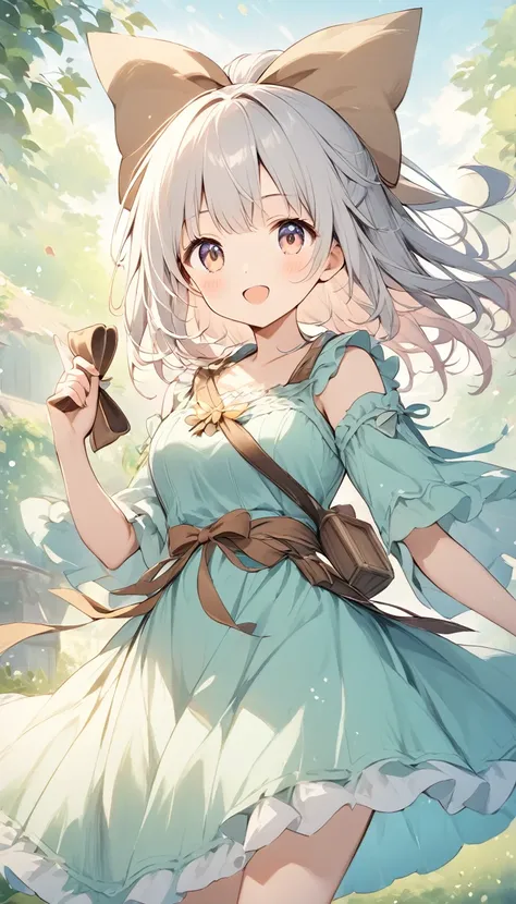    holding a wooden bow bright lines and soft colors create a dreamy effect., A fleeting impression.., one woman 、Girl with a wooden bow    、I have a wooden bow、cute、  Fantasy Villagers 、Background white、