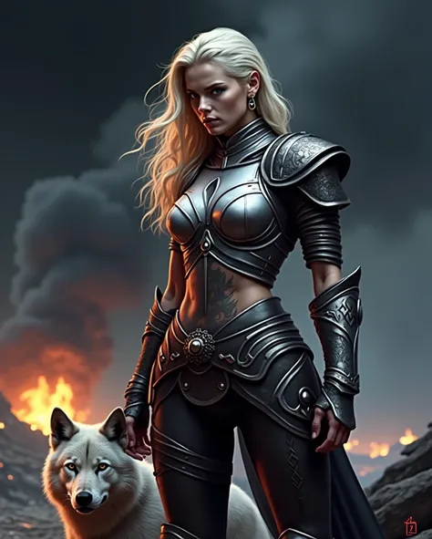  blonde warrior with sword lightly clad , tattooed , Silver armor ,  scar on the eye 
Black dangerous wolf scar on the eye 
Burning village background 