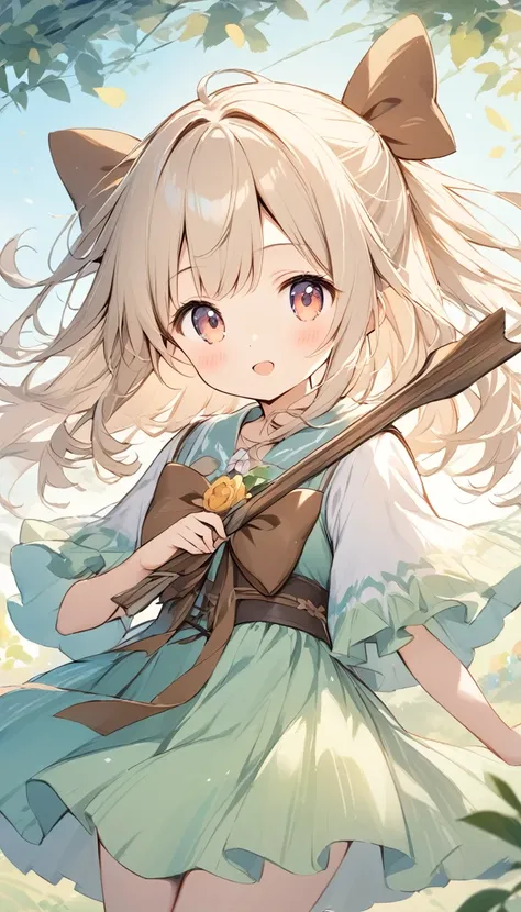    holding a wooden bow bright lines and soft colors create a dreamy effect., A fleeting impression.., one woman 、Girl with a wooden bow    、I have a wooden bow、cute、  Fantasy Villagers 、Background white、