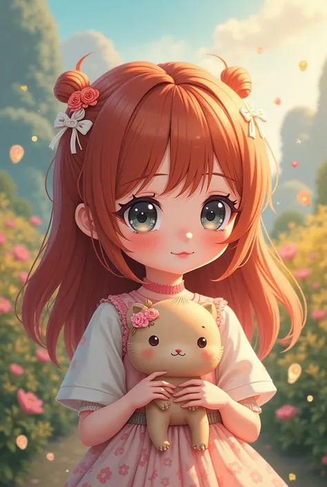 Cartoonish Anime lolicore girl with grey eyes and reddish brown hair