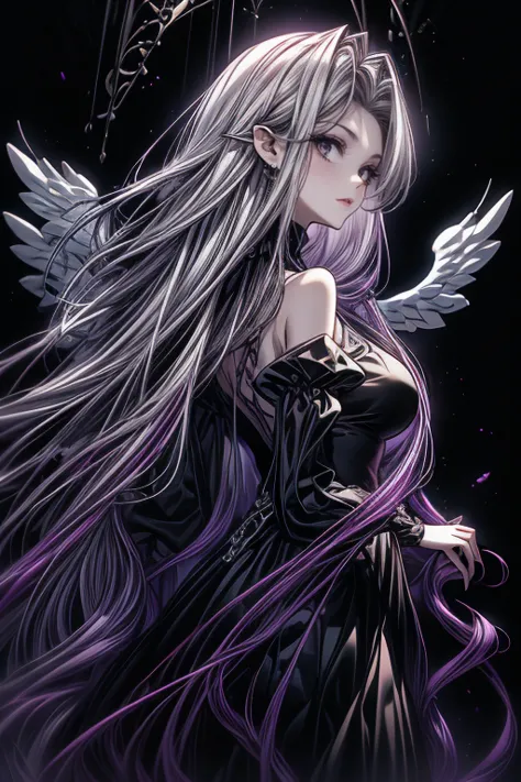 slender woman,  with rapunzel style hair, bicolor purple and white hair, in clothes that are very tight to the body, angel wings...