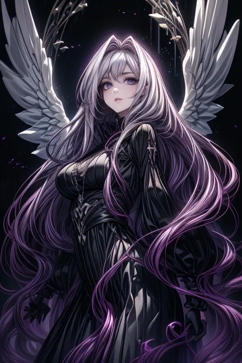 slender woman,  with rapunzel style hair, bicolor purple and white hair, in clothes that are very tight to the body, angel wings...