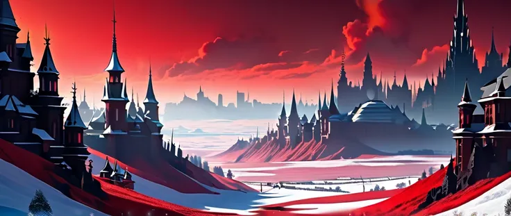 A snowfield where it snows black and red, (((Black and Red colored Snow:1.5))), black snow, red snow, in the distance a large fantasy city casts a silhouette against the horizon, glowing like a jewel in the surreal landscape 