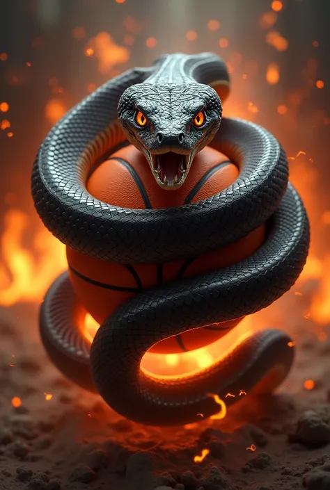 Mamba Snake head facing forward piercing  look with snake body wrapping around a basketball with snake body forming the number 88 with flaming background realistic scene