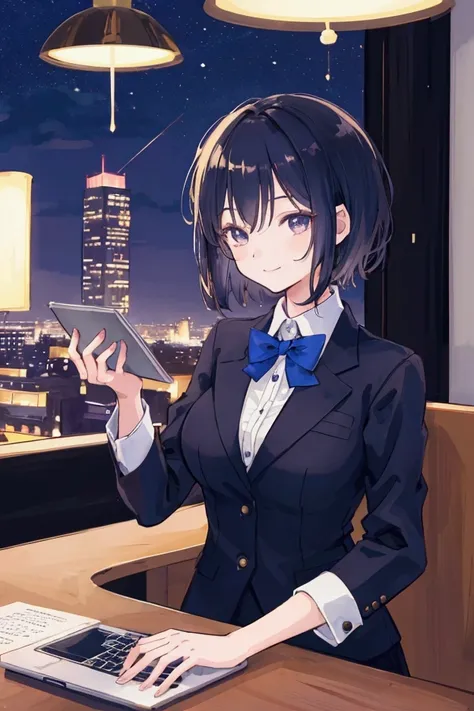 "A high-quality, masterpiece illustration in a shoujo manga style featuring a girl with very short hair, dressed in a suit, smiling as she uses a laptop in a nighttime café. The image should emphasize aesthetics and beauty (breathtaking, very aesthetic)."