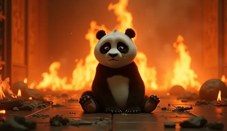 A heart-wrenching scene from Kung Fu Panda showing a very young panda sitting in the middle of a burning house, surrounded by flames. The panda appears lost and overwhelmed, crying with deep sadness, its face showing vulnerability and fear. The fire burns ...