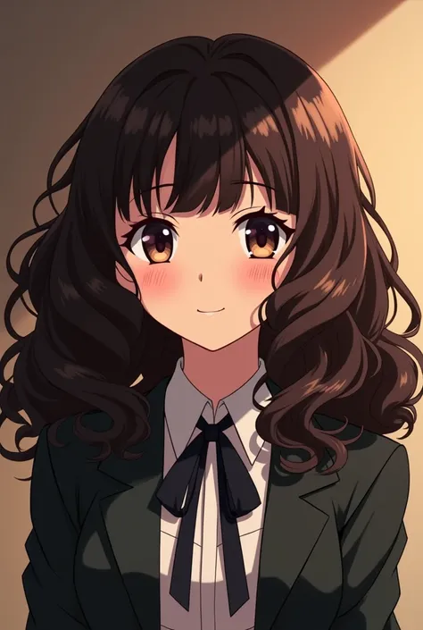 Girl with very curly dark brown hair with very curly bangs /curly 90s anime version she must be 19 years old and wear dark academy clothes like studio glibli the bangs need to be very curly 