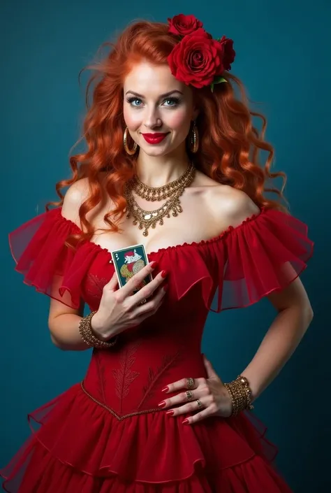 Create an image of a woman with a fuller body,  Broad shoulders, medium volume breasts big red curly hair , Red rose on the head , Blue background image.  red dress with ruffles on the shoulder , very voluminous,   gypsy fortune teller with curly red hair ...