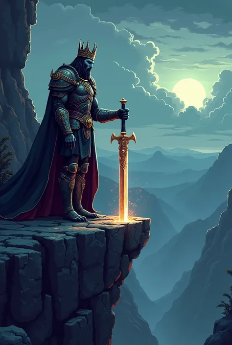 Create a picture of a dark fantasy king pulling his sword out of a rock on the edge of a cliff with pixel graphics 