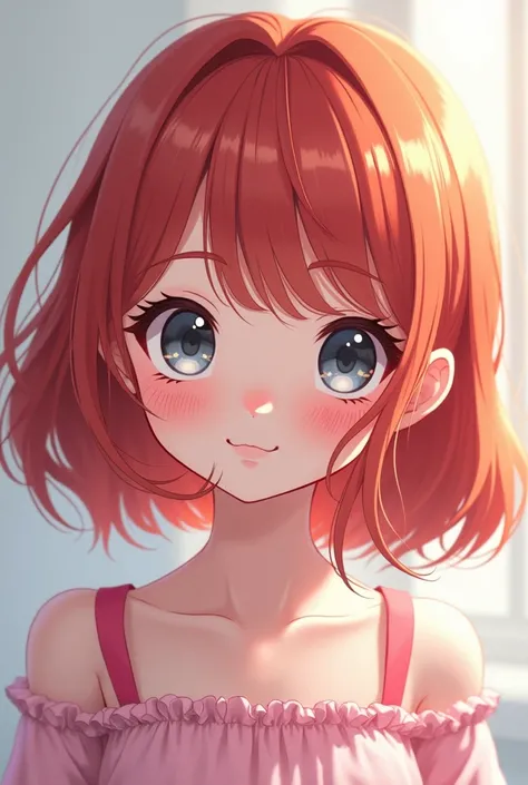 2-D Cartoonish Anime lolicore girl with grey eyes and reddish brown hair