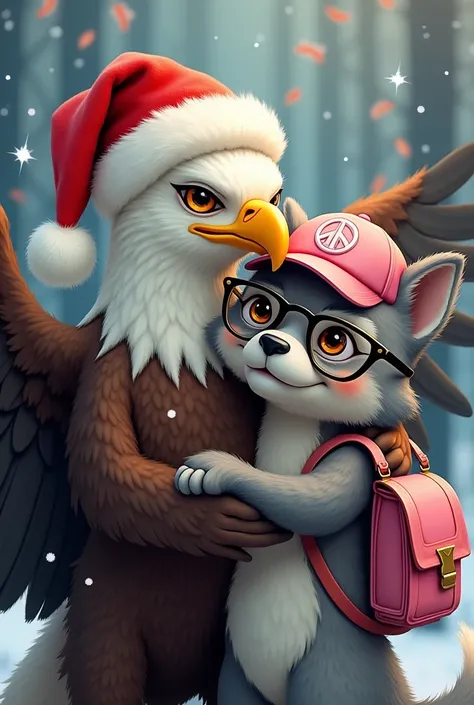 Eagle wearing a Santa Claus hat hugging a gray wolf, wearing a pink cap with the symbol of peace , wearing black and orange glasses and wearing a pink bag.