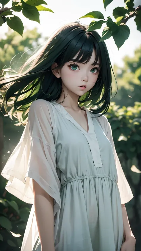 one girl、１６talent、Dark green hair、dark green eyes、Hair in the wind、messy hair、pure white background、Dark green clothes、tunic、 film grain、RAW photo、 Ilford HP5, 80mm、highest quality、ultra high resolution、master piece、background blur,Fade out beautifully