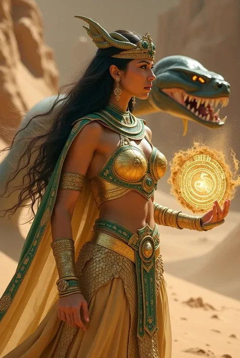 Cleopatra in a Mortal Kombat outfit. Golden armor with emerald green details, scaled cape and a tiara with live snakes. She will be facing the photo, her face has to be towards the camera, doing a martial arts pose, she is controlling the sand as the power...